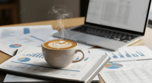 Clean bookkeeping for small businesses shown with laptop, financial reports, and coffee on desk